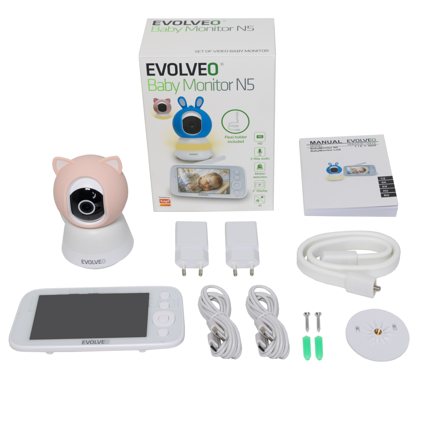 EVOLVEO Baby Monitor N5 - Set videoopatrovateľky s 360 ° dohľadom, obojsmernou komunikáciou a uspávankami,  