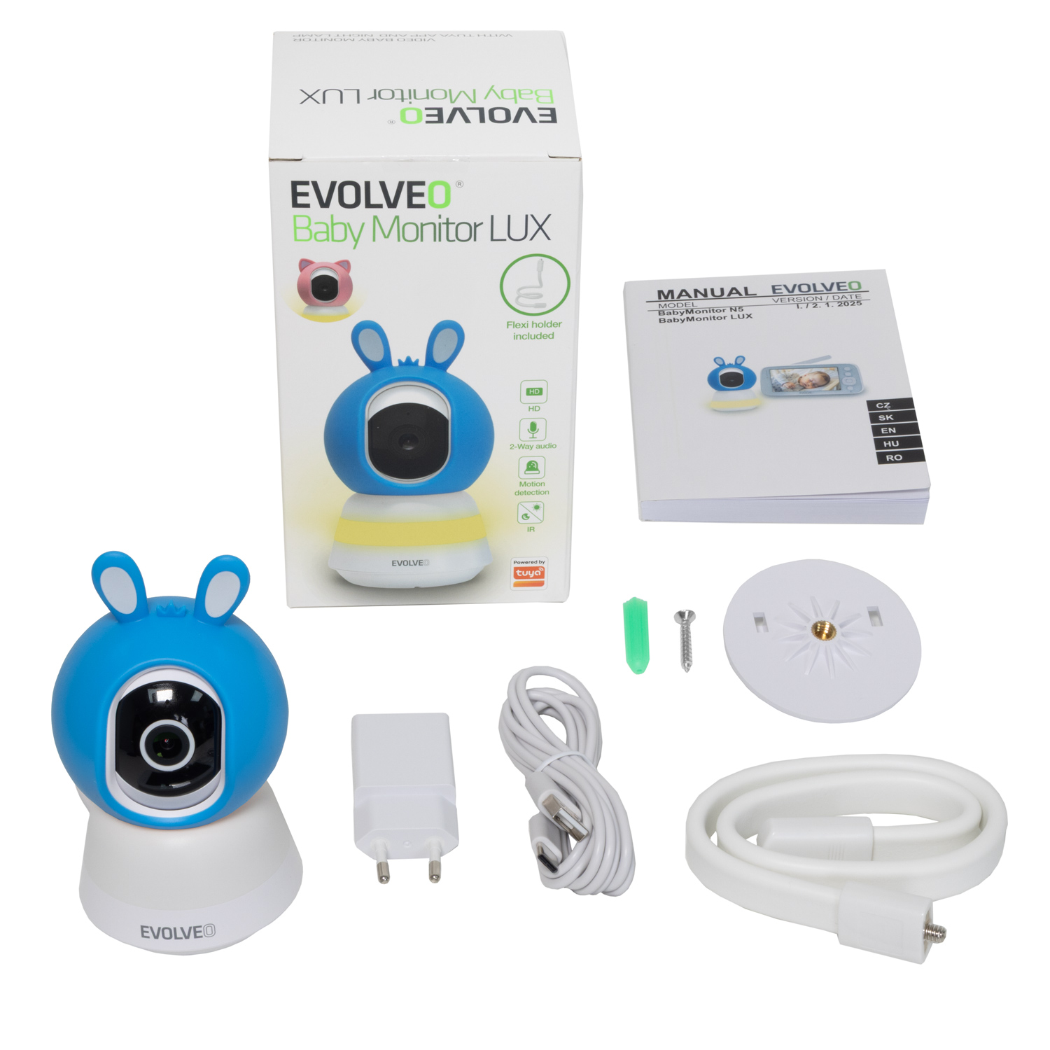 EVOLVEO Baby Monitor LUX- Chytrá 360 ° videoopatrovateľka s nočným videním, detekciou plače a pohybu, modrá 