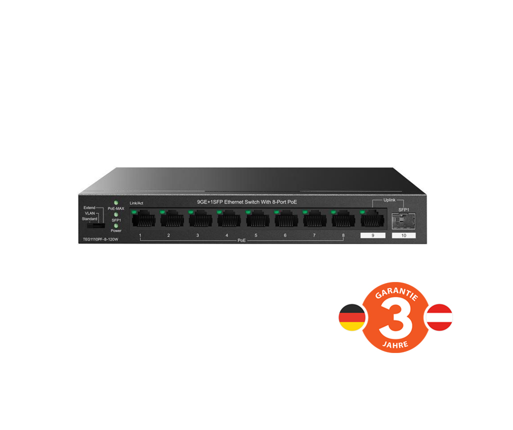 Tenda TEG1110PF-8-120W PoE+ AT switch 8xPoE 802.3af/ at + Uplink RJ45 + SFP port, 110W, PoE+, fanless 