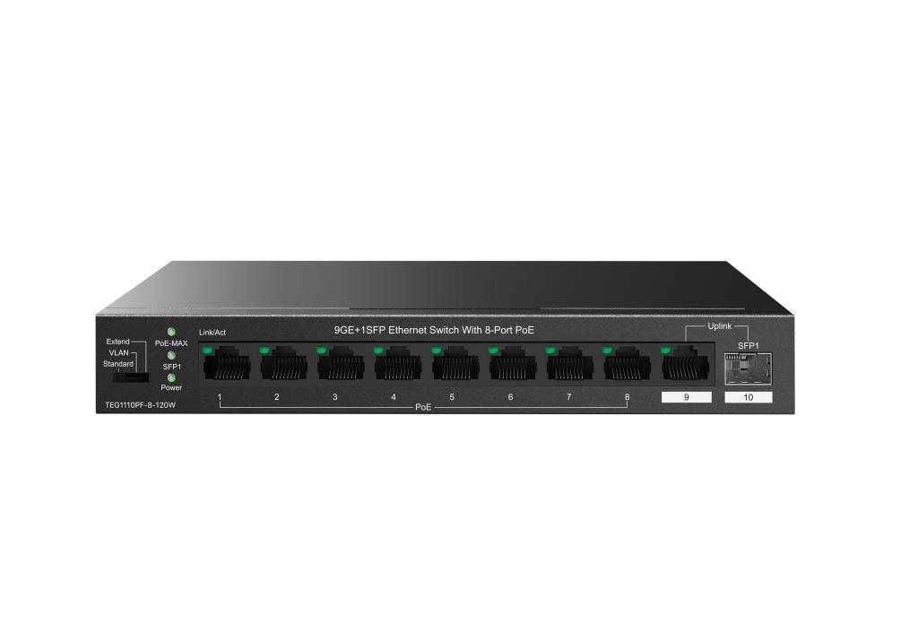 Tenda TEG1110PF-8-120W PoE+ AT switch 8xPoE 802.3af/ at + Uplink RJ45 + SFP port, 110W, PoE+, fanless 