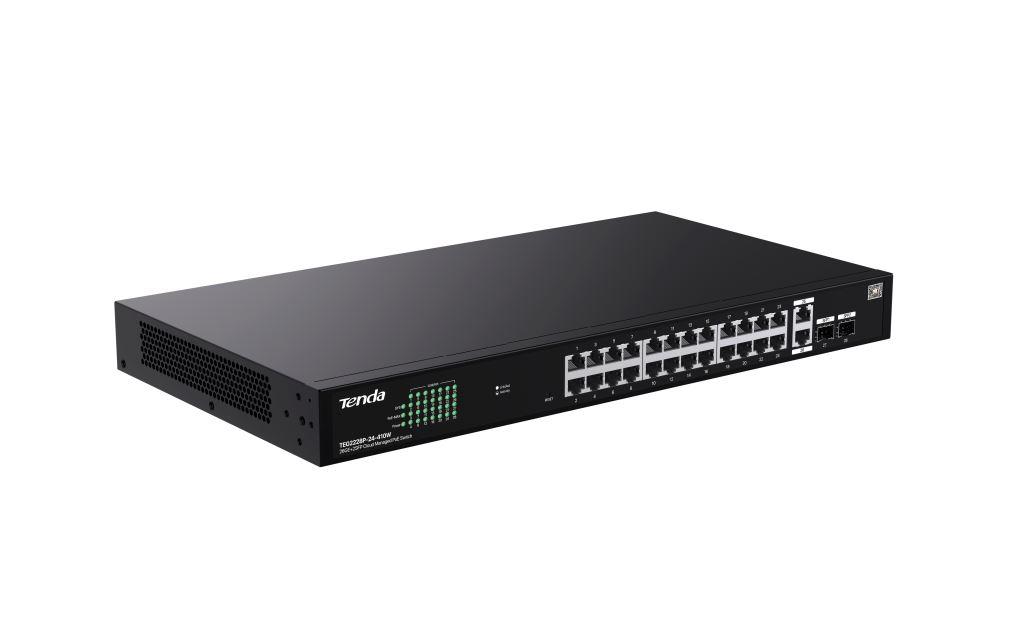 Tenda TEG2228P-24-410W Gigabit PoE+ Websmart L2 Cloud switch 370W, 24x 1Gb/ s PoE+, 2xRJ45, 2xSFP, Rack 