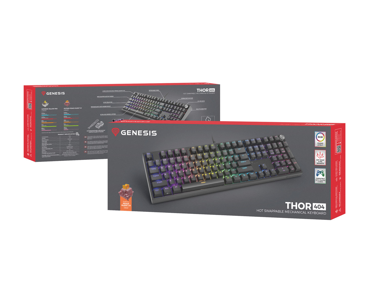 Herná mechanická klávesnica Genesis THOR 404/ RGB/ Outemu Peach Silent/ Drôtové USB-A/ US layout/ Čierna 