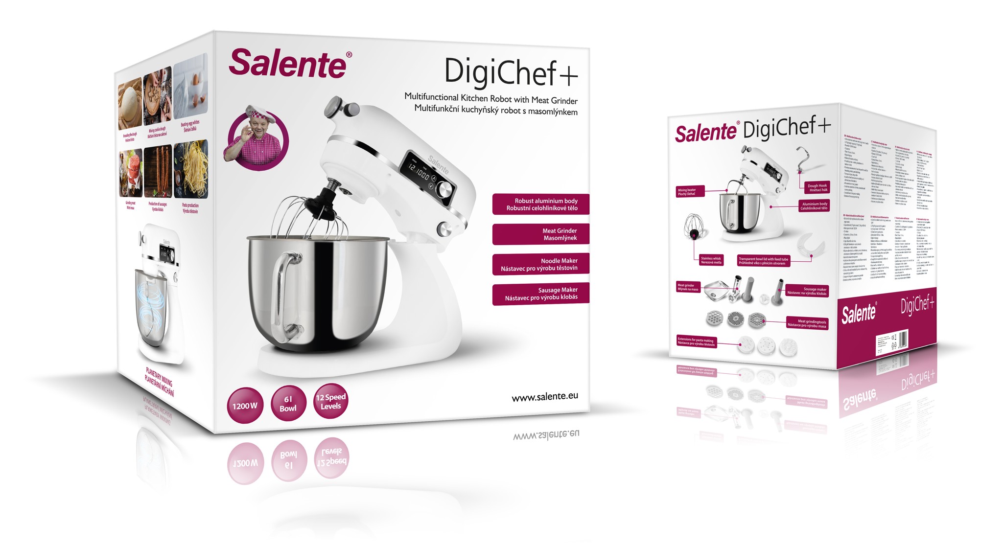 Salente DigiChef+, kuchynský robot, misa 6 litrov, celokovový, mäsomlynček, digitálny displej, biely 