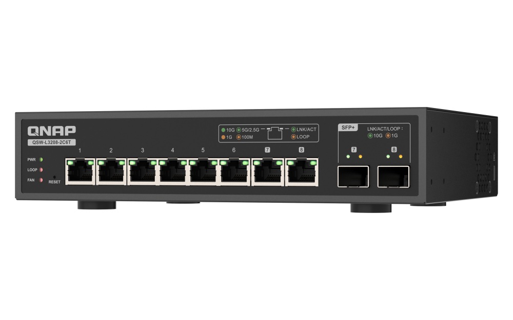 QNAP switch QSW-L3208-2C6T (6x 10GbE port, 2x 10G SFP+/ NBASE-T Combo, Lite Managed) 