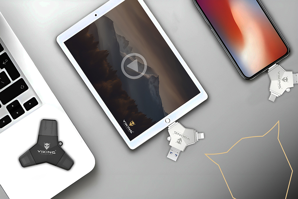 VIKING USB FLASH DISK 3.0 4v1 64GB, S KONCOVKOU APPLE LIGHTNING, USB-C, MICRO USB, USB3.0, strieborná 