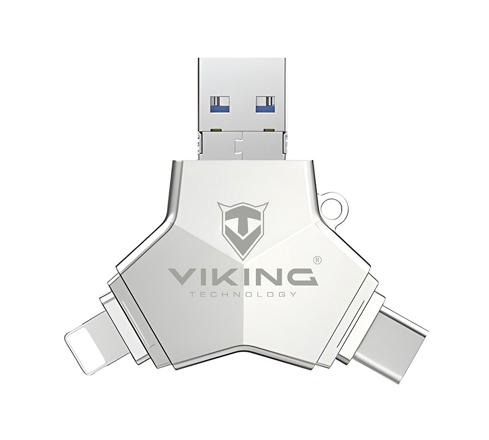 VIKING USB FLASH DISK 3.0 4v1 64GB, S KONCOVKOU APPLE LIGHTNING, USB-C, MICRO USB, USB3.0, strieborná 