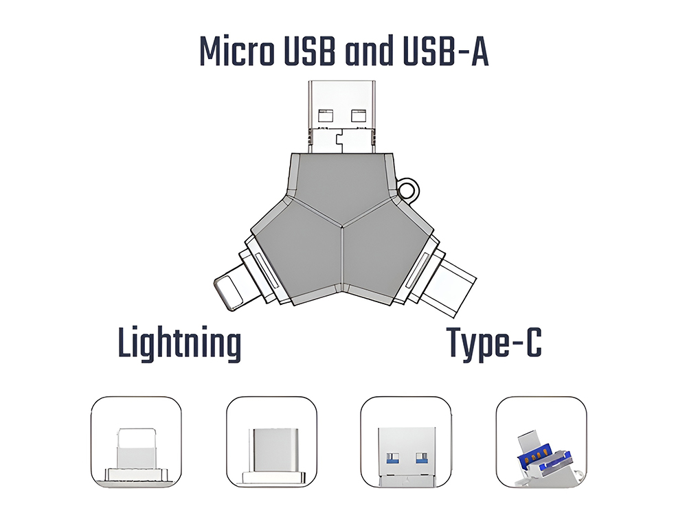 VIKING USB FLASH DISK 3.0 4v1 128GB, S KONCOVKOU APPLE LIGHTNING, USB-C, MICRO USB, USB3.0, čierna 