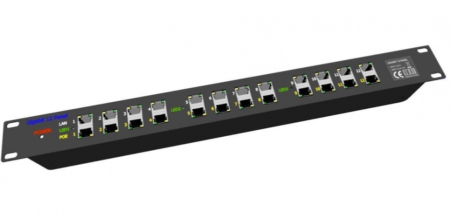 POE Gigabitový Patch panel Cat5 19" 12port 1U 
