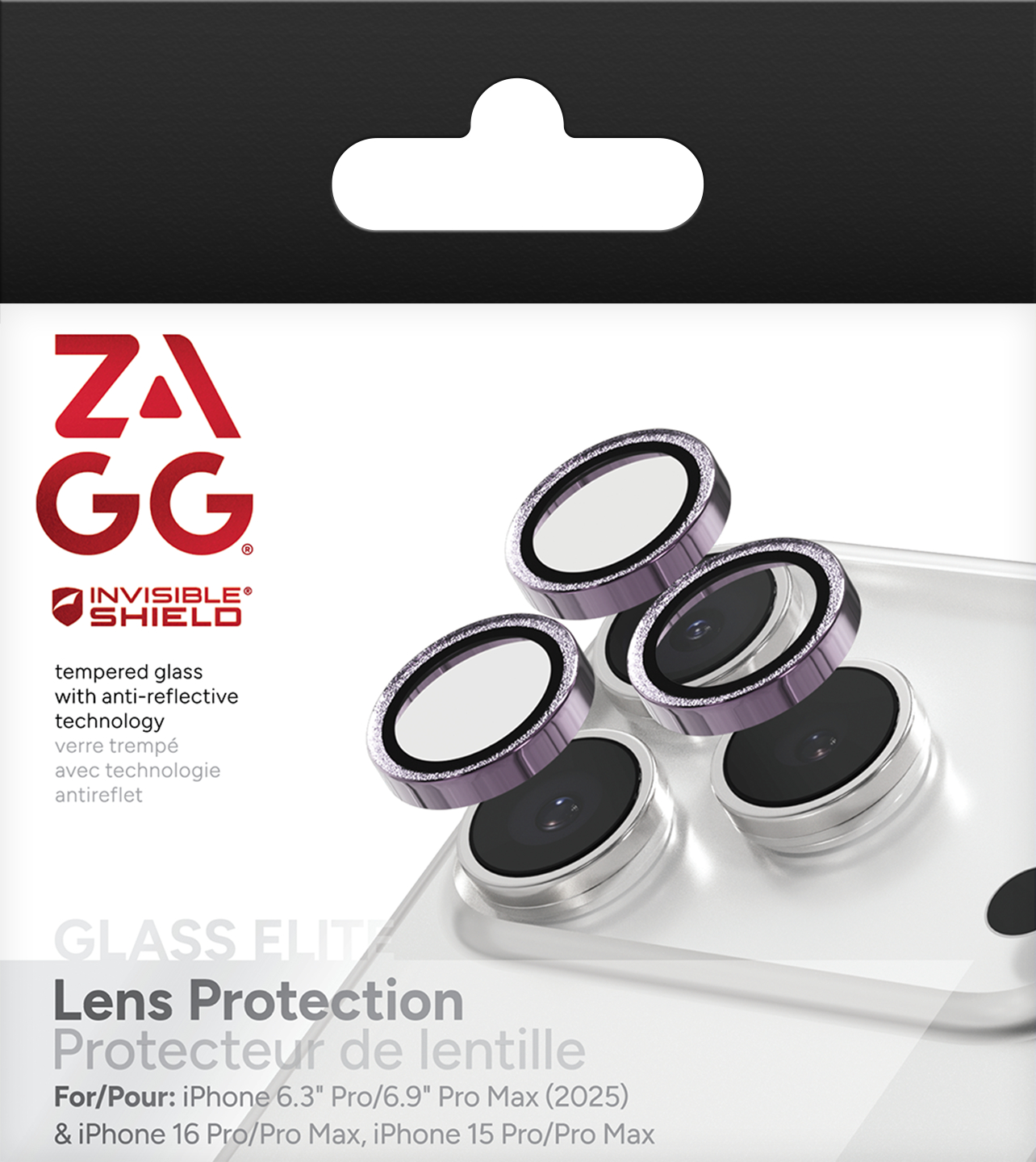 ZAGG Ochranná šošovka Premium pre Apple 17 Pro/ Pro Max/ 16 Pro/ Pro Max/ 15 Pro/ Pro Max - fialová trblietka 