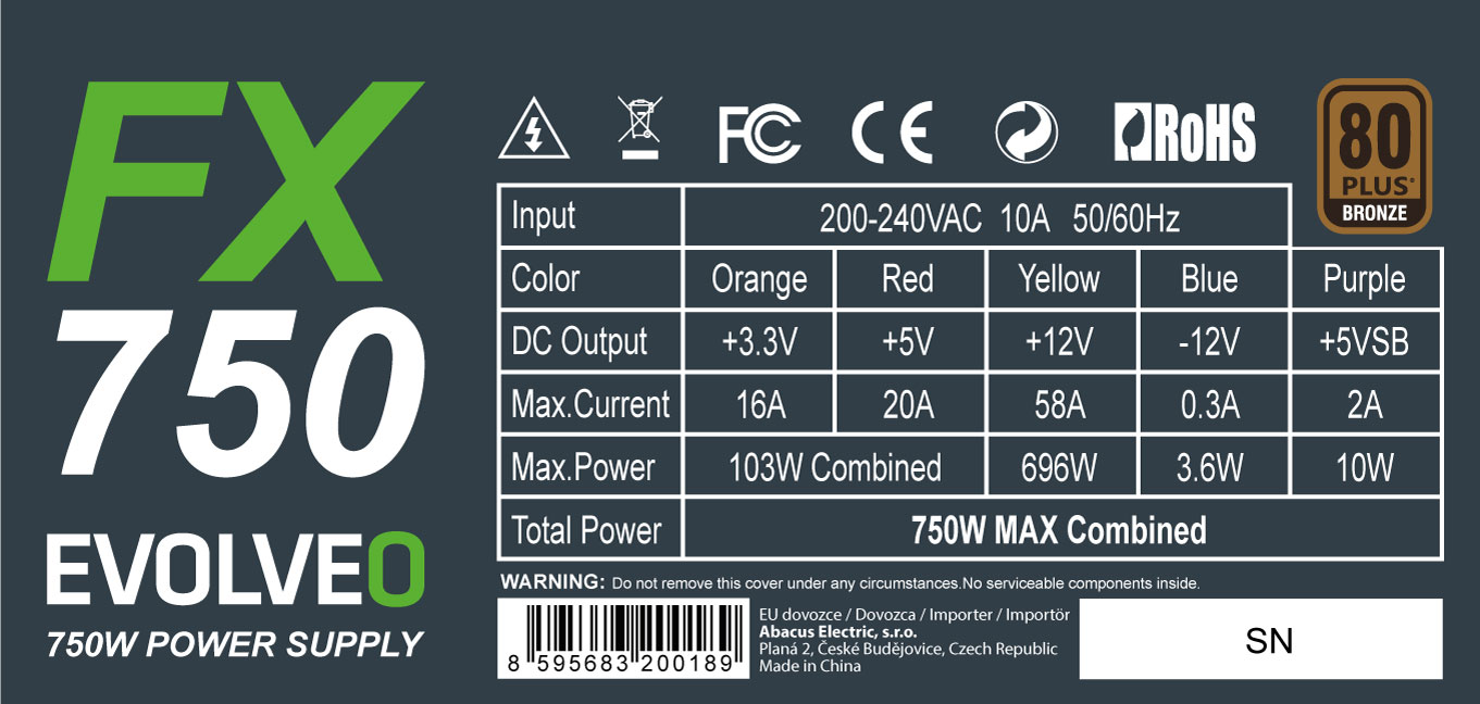EVOLVEO FX 750, zdroj 750W ATX, 14cm, 80+, Bronze, 3YRW 