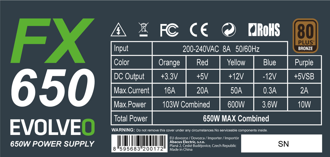 EVOLVEO FX 650, zdroj 650W ATX, 14cm, 80+, Bronze, 3YRW 