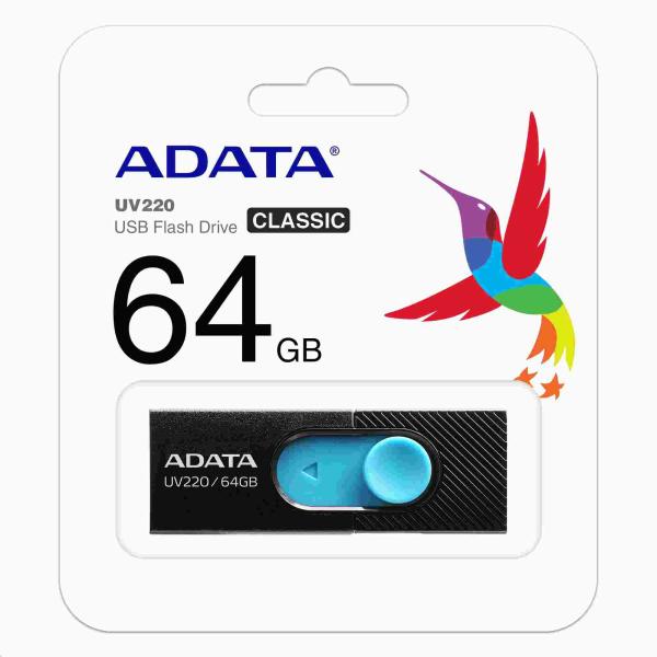 ADATA Flash Disk 64GB UV220,  USB 2.0 Dash Drive,  čierna/ modrá2