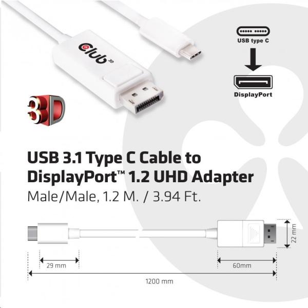 Adaptér Club3D USB 3.1 Typ C na DisplayPort 1.2 4K60Hz UHD 1, 2 m (M/ M)0