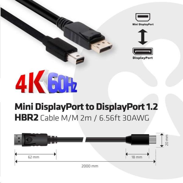 Kábel Club3D Mini DisplayPort na DisplayPort 1.2 4K60Hz UHD obojsmerný,  (M/ M),  2 m4