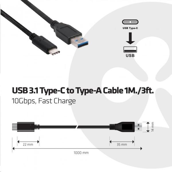 Kábel USB Club3D 3.1 Type-C na USB 3.1 Typ A,  10Gbps Power Delivery 60W (M/ M),  1m3