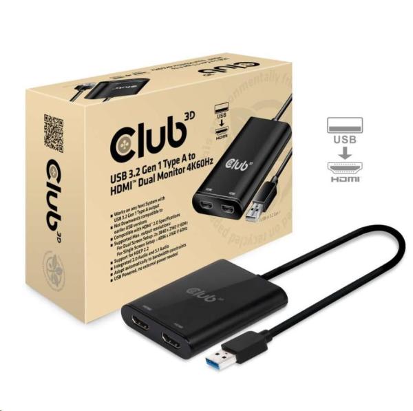 Club3D adaptér USB A na 2xHDMI 2.0 Duálny monitor 4K 60 Hz (M/ F)