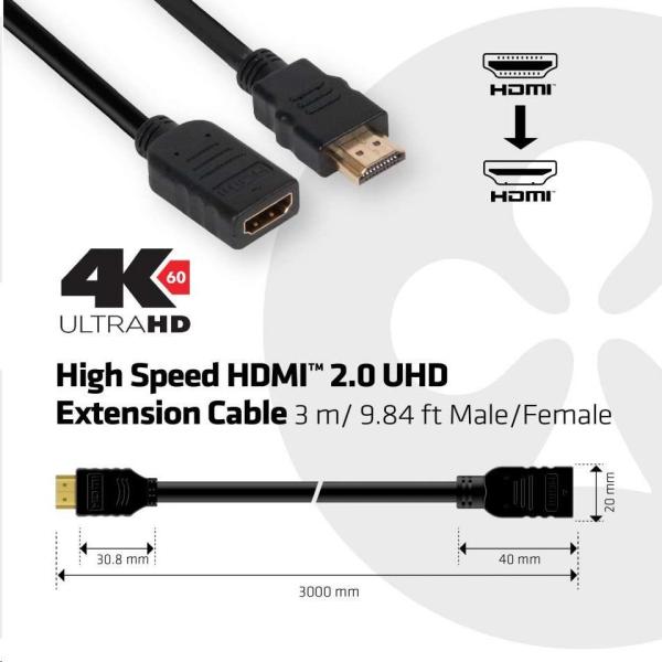 Predlžovací kábel HDMI Club3D 2.0,  4K60Hz UHD (M/ F),  3 m3