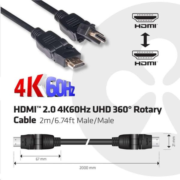 Kábel HDMI Club3D 2.0 4K60Hz UHD, 360 otočné konektory (M/M), 2 m4