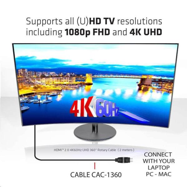 Kábel HDMI Club3D 2.0 4K60Hz UHD, 360 otočné konektory (M/M), 2 m2