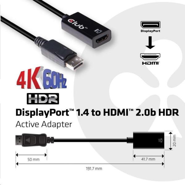 Club3D Active DisplayPort adaptér 1.4 na HDMI 2.0b,  HDR,  19cm3