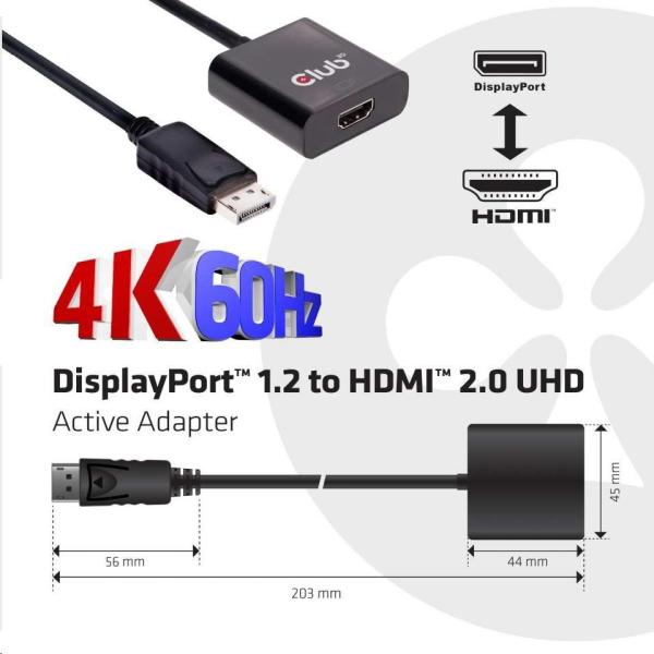 Club3D Active DisplayPort adaptér 1.2 na HDMI 2.0 4K60Hz UHD,  20 cm1