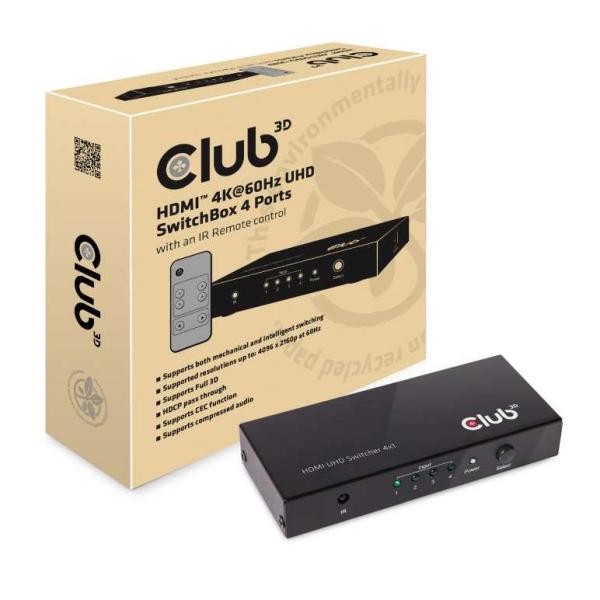 Club3D Video prepínač 4:1 HDMI 2.0 4K60Hz UHD,  4 porty