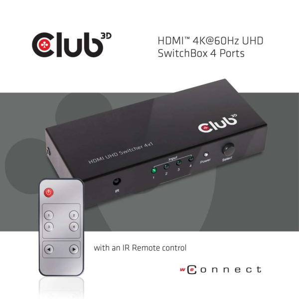 Club3D Video prepínač 4:1 HDMI 2.0 4K60Hz UHD,  4 porty1