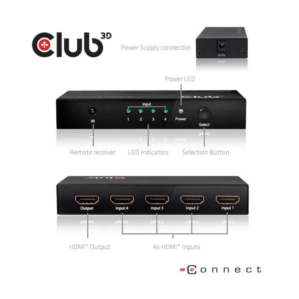 Club3D Video prepínač 4:1 HDMI 2.0 4K60Hz UHD,  4 porty2
