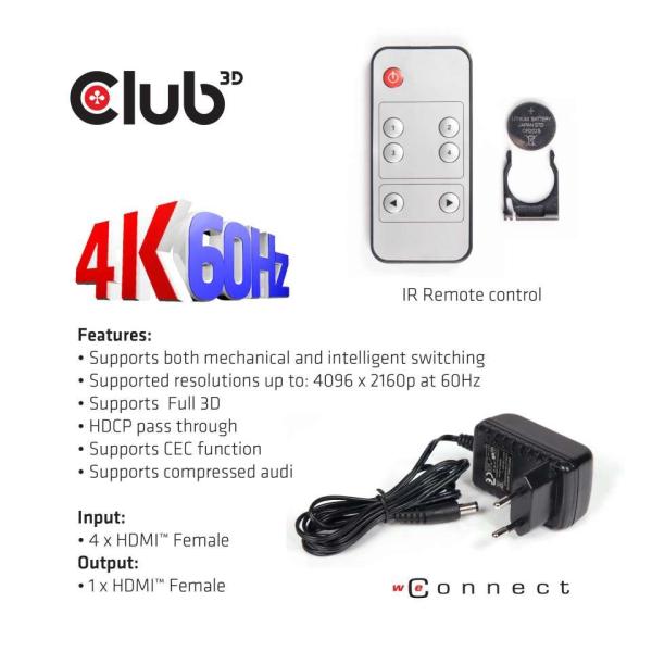 Club3D Video prepínač 4:1 HDMI 2.0 4K60Hz UHD,  4 porty3