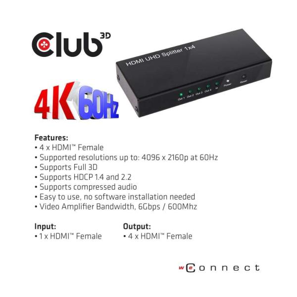 Club3D Rozdeľovač videa 1:4 HDMI 2.0 4K60Hz UHD,  4 porty3