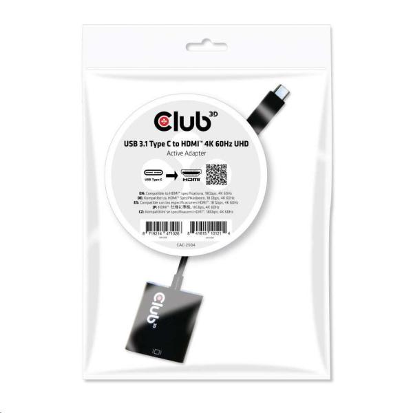 Aktívny USB adaptér Club3D 3.1 Typ C na HDMI 2.0 UHD 4K60Hz HDR,  17 cm