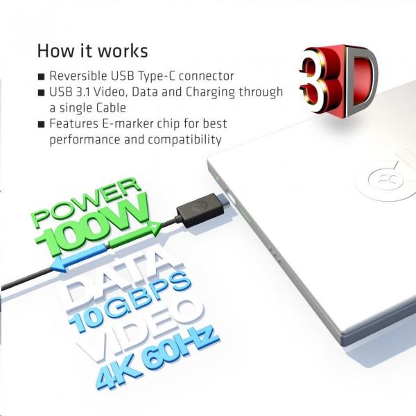 Club3D Kabel USB 3.1 typ C Gen2 4K60Hz UHD Power Delivery 100W,  (M/ M),  80cm3