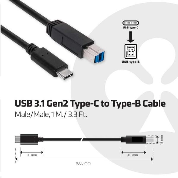 Kábel USB Club3D 3.1 USB Type-C Gen2 na USB Type-B (M/ M),  1 m3
