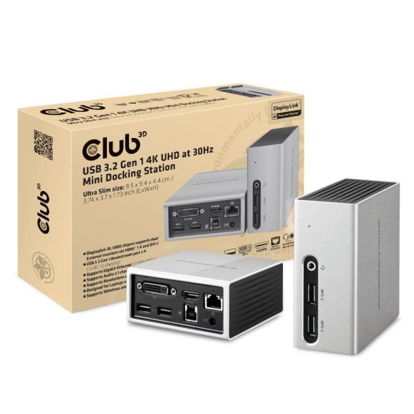 Club3D Mini dokovací stanice USB 3.2 4K30Hz UHD (HDMI/ DVI/ 4x USB 3.1/ Ethernet/ Audio) DisplayLink® Certified