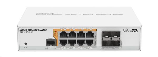 MikroTik Cloud Router Switch CRS112-8P-4S-IN,  400MHz CPU,  128MB RAM,  8xLAN,  PoE max. 67W,  4xSFP slot,  vrátane. Licencia