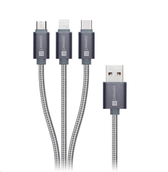 CONNECT IT Wirez 3v1 USB-C & Micro USB & Lightning,  strieborná sivá,  1, 2 m