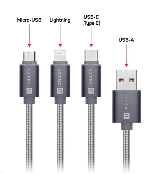 CONNECT IT Wirez 3v1 USB-C & Micro USB & Lightning,  strieborná sivá,  1, 2 m2