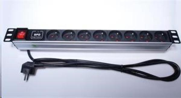 napájací panel PremiumCord 1U pre 19" rack,  8x230V,  prepäťová ochrana,  2m kábel,  prepínač