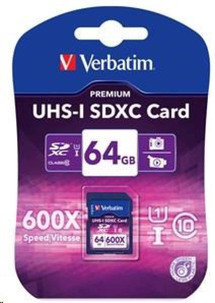 Karta VERBATIM SDXC 64GB PREMIUM,  UHS-1,  Class 10 (R:90/ W:25 MB/ s)