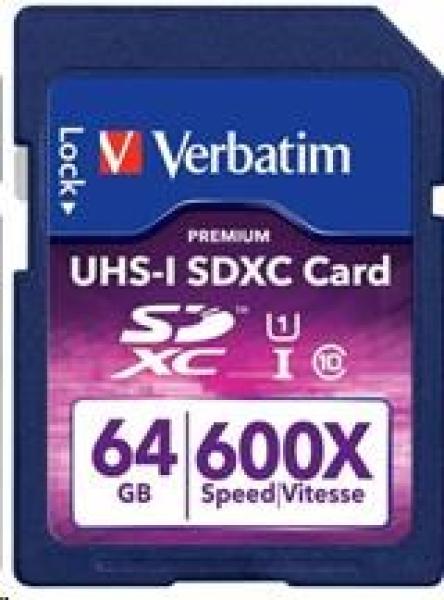 Karta VERBATIM SDXC 64GB PREMIUM, UHS-1, Class 10 (R:90/W:25 MB/s)1