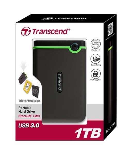 Externý pevný disk TRANSCEND 2, 5" USB 3.1 StoreJet 25M3S,  1 TB,  čierna (SATA,  gumené puzdro,  proti nárazom)2