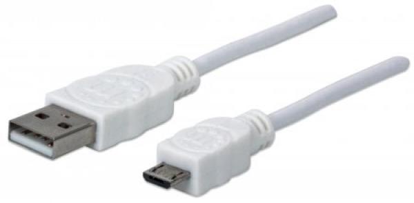 MANHATTAN Pripojovací kábel USB 2.0 A samec /  Micro-B samec,  1.8 m,  biela