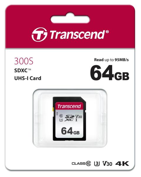 Karta TRANSCEND SDXC 64GB 300S,  UHS-I U3 V10 (R:100/ W:25 MB/ s)1