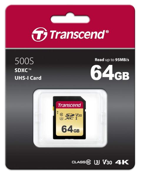 Karta TRANSCEND SDXC 64GB 500S,  UHS-I U3 V30 (R:95/ W:50 MB/ s)1