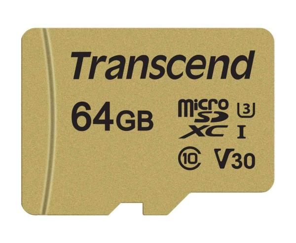 Karta TRANSCEND MicroSDXC 64GB 500S,  UHS-I U3 V30 + adaptér