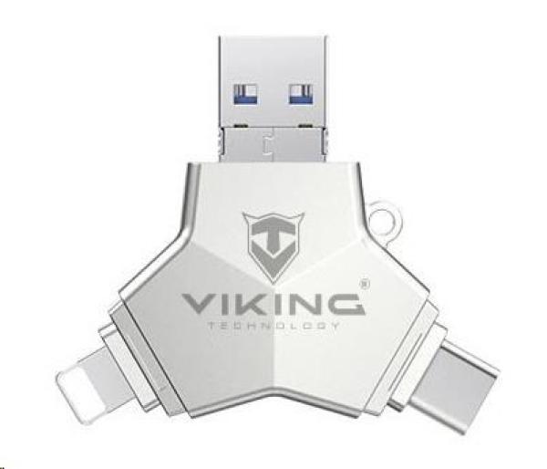 USB Flash disk Viking 3.0 4v1 s konektorom Lightning/Micro USB/USB/USB-C, 64 GB, strieborná