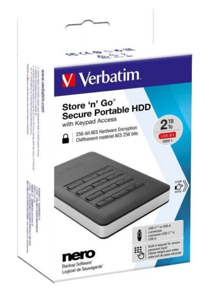 VERBATIM HDD 2.5" 2 TB vrátane.KEYPAD USB3.1 USB 3.0 GDPR10