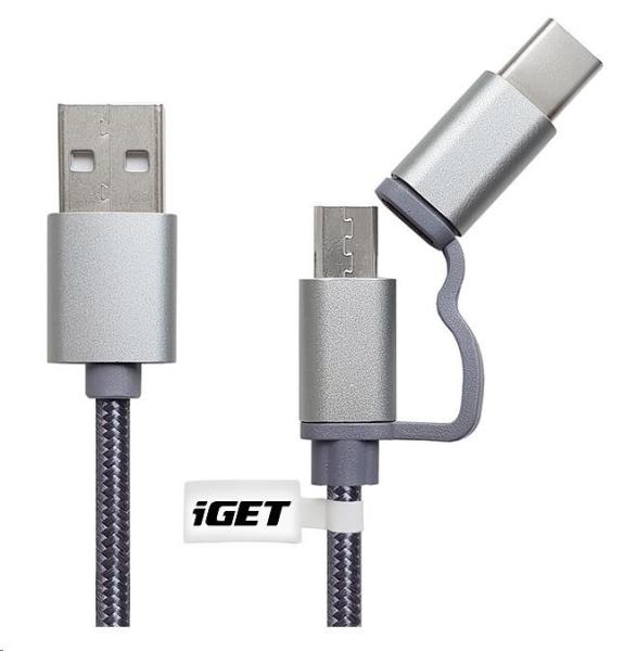 iGET G2V1 USB kábel 2v1,  1 m,  strieborný,  microUSB a USB-C,  predĺžené konce0