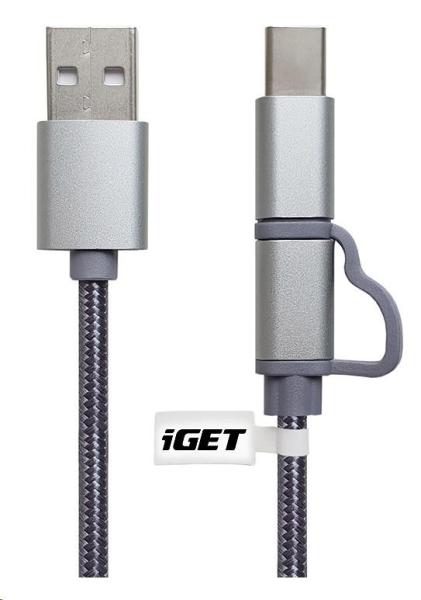 iGET G2V1 USB kábel 2v1,  1 m,  strieborný,  microUSB a USB-C,  predĺžené konce1