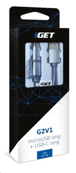 iGET G2V1 USB kábel 2v1,  1 m,  strieborný,  microUSB a USB-C,  predĺžené konce2